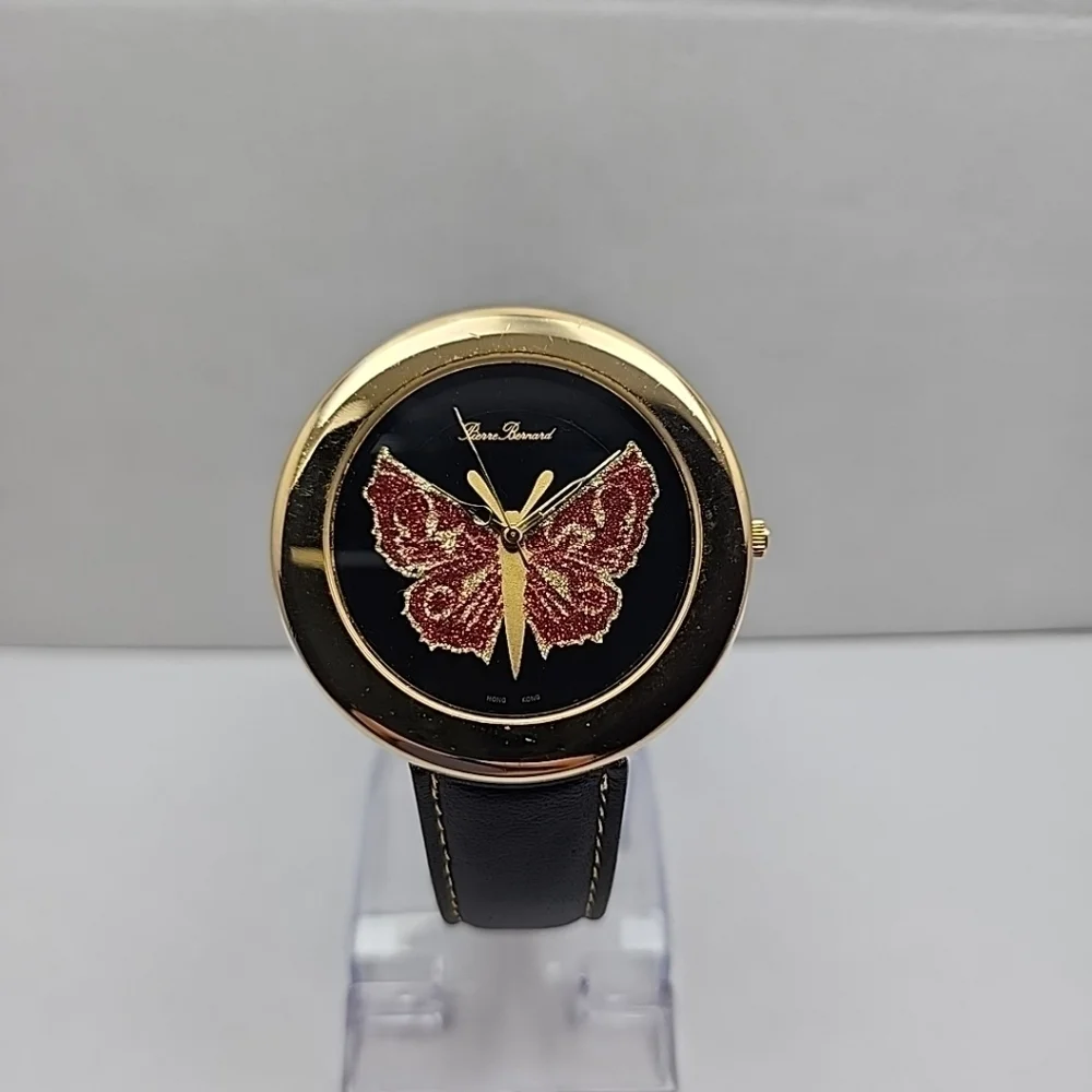 Womens Pierre Bernard Butterfly Watch Gold Glitter Black Leather New Battery